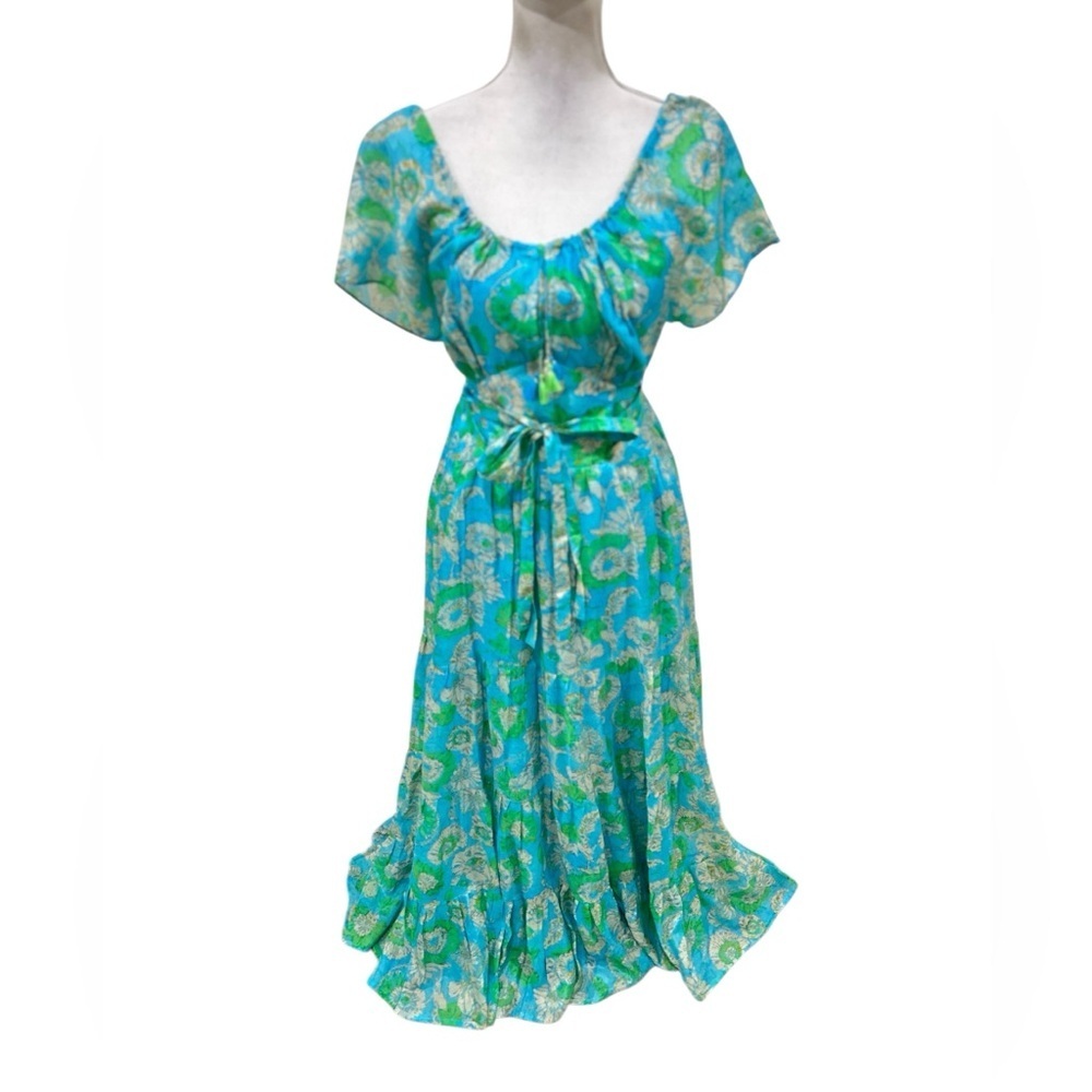 NWT Bella tu Nina Flutter-Sleeve Tie-Waist Maxi Dress Aqua Green Floral medium - Picture 4 of 16